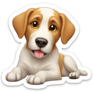 A dog lies down and shows its belly sticker