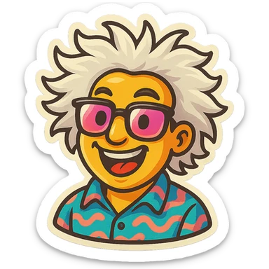 Create an emoji based on this person's appearance, focusing on the wild hair, glasses, and patterned shirt. Use a fun, expressive style suitable for emoji, in a retro stickers style. sticker