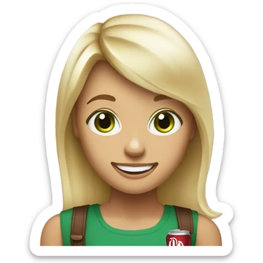 Blonde girl with shoulder length hair and swooped, bangs, big green eyes holding a diet Dr Pepper and looking happy sticker