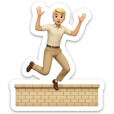 Blonde man with brown trousers and cream shirt jumping over wall sticker