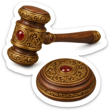 an ornate judge's gavel with decorative patterns, gemstone details, and a rich wooden texture sticker