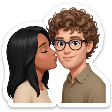 Light tan woman with black hair and man with curly dark blonde hair with glasses kissing sticker