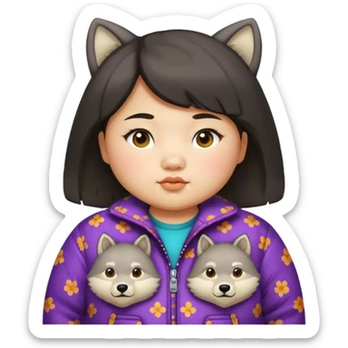 chubby Asian girl, medium wolf cut, baby face, age 15, funky patterned jacket sticker