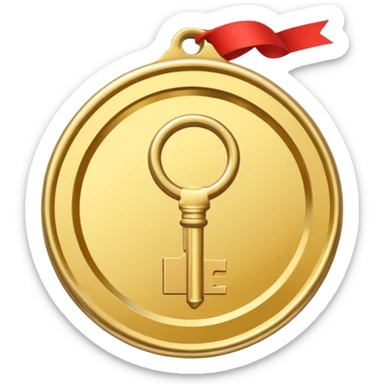 a gold medal with a key engraved on it sticker