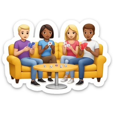 group of friends on couch playing a card game couch should be deep yellow color sticker