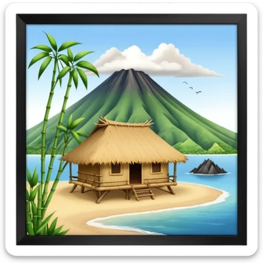 bamboo hut with volcano in the back in Volcano Island  sticker