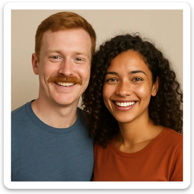 ginger man with brown eyes and ginger mustache, standing beside a brown curly haired woman with green eyes and tan skin, both happy, upper body, neutral background sticker