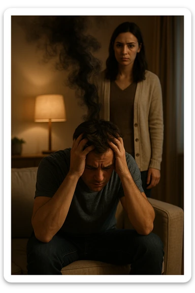 Vertical format: A man sitting with hands in his hair, a woman standing behind him, a visual flow of dark energy passing from him to her, domestic environment. sticker