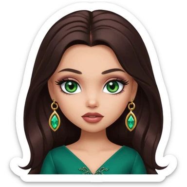 pretty bratz baddie,, pretty emerald eyes long darkbrown hair, pretty makeup, long lashes, NO EARRING sticker