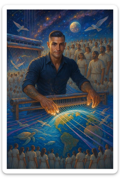 Uomo del 2030 al telaio gigante cosmico che tesse il destino del pianeta con fili di cotone stellare, ogni fibra naturale che intreccia ripara una parte dell'ecosistema terrestre, dita che brillano mentre guidano i fili di cotone attraverso dimensioni parallele, tessuto che si estende dall'atmosfera fino alle profondità marine, creature marine che nuotano attraverso le onde del tessuto acquatico, uccelli che volano seguendo i pattern del tessuto aereo, humanity unita che indossa vestiti di cotone e partecipa alla grande tessitura collettiva della salvezza planetaria sticker