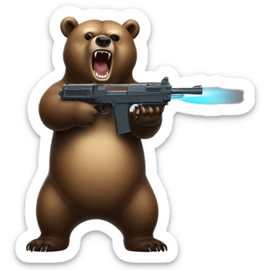 Grizzly bear shooting a laser gun that is shaped like a shark  sticker
