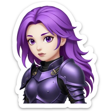A mysterious warrior girl with flowing purple hair, dressed in black armor. sticker