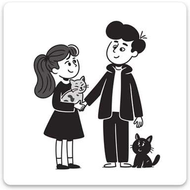A girl with long brown hair holding the hand of a boy with black hair, both dressed in black, holding a cat and dog sticker