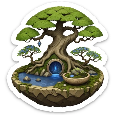 Alien spacecraft hanging jungle-vines mountain-island landscape antique mudman very old broken cracked intricate Stone Age rocky-crusted irregular dodecagon-shaped shallow dark moss rough bark blue willow flowered maple tree bonsai pot sticker