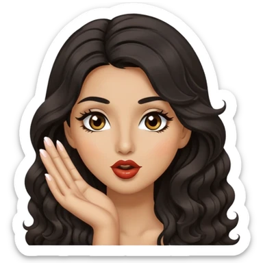 woman with olive skin, brown eyes and long lashes, and long black wavy hair blowing kiss sticker