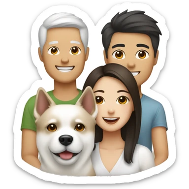 Happy Asian couple with White Japanese Akita and brown Maltese sticker