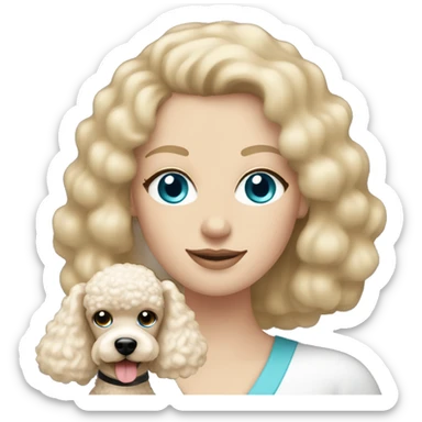  mom with straight blonde hair and blue eyes is holding a cream poodle  sticker