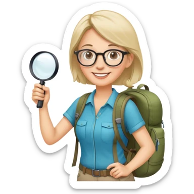 Happy woman hiker in her 40s with glasses and backpack, holding exactly one magnifying glass in one hand only sticker