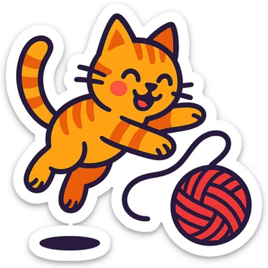 a playful cat jumping with a ball of yarn, vibrant toon style sticker