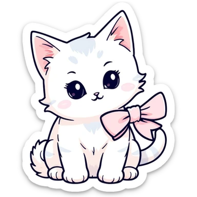 cute fluffy white kitten with a light pink bow, watercolor art style sticker