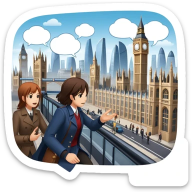 An icon representing a visual novel, inspired by games like 'One Day in London.' The design features a detailed cityscape with characters in dynamic poses, as if caught in a pivotal story moment. Speech bubbles and narrative text appear. Transparent background sticker