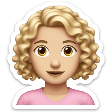 pretty white girl with curly brown hair with coquette bow on her hair and a pink t-shirt sticker