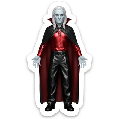 Count Dracula from Universal Monsters with long white hair, red metallic shirt, black metallic baggy pants, black metallic long cape sticker