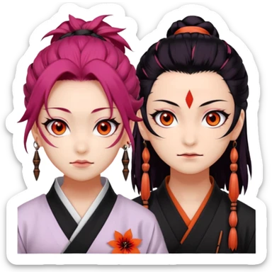 tanjiro: Kind red eyes, black hair with burgundy tips, forehead scar, tanned skin, Hanafuda earrings.                             nezuko:   Pink eyes, black-orange hair, fangs, bamboo muzzle. sticker
