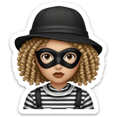 woman with robber mask concerned curly hair and robber outfit hat sticker