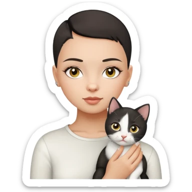 HAZEL EYES , BLACK BUZZ CUT LIGHT SKIN ROUND FACE GIRL with one white kitten sticker