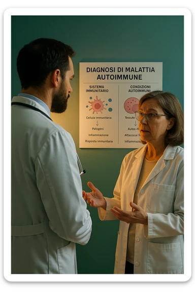 Foto tutta in italiano Realistic, detailed photo taken from behind of one doctor e un paziente —a bearded man and a middle-aged woman—standing and facing each other as they discuss an autoimmune disease diagnosis in front of a medical chart that displays information about the immune system and autoimmune conditions. The scene is illuminated by a yellowish, orange, warm light that softly envelops the doctors. The entire room is bathed in a single green-blue color, creating a cohesive and modern atmosphere. Both doctors wear white coats, and their body language suggests a serious, professional conversation about the complexities of autoimmune diseases. Shot with a Canon EOS R5, with high detail and natural depth of field. scritto in italiano sticker