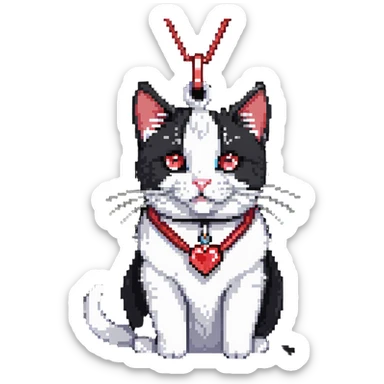 tuxedo cat with red leash and heart pendant, white fur only on mouth, small diamond spot above nose sticker