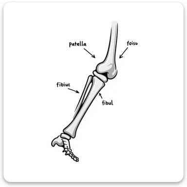 anatomical drawing of knee bones showing patella, femur, tibia, and fibula with labels sticker