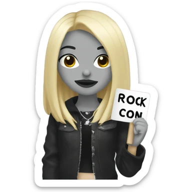 Blonde goth girl holding a sign that says “rock on” sticker