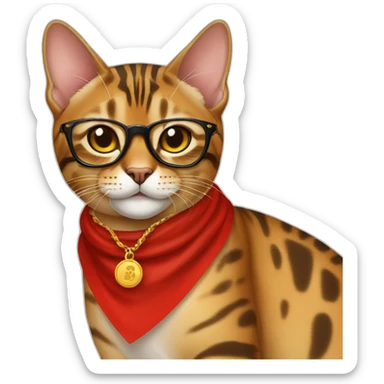 a Bengal cat wearing glasses with a golden chain around its neck, smiling with red flag sticker