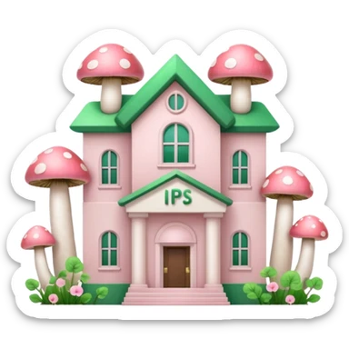 Pale Pink and green cute bank building, mushrooms growing around it , clean aesthetic, two PP letters on it, lines, vectors sticker