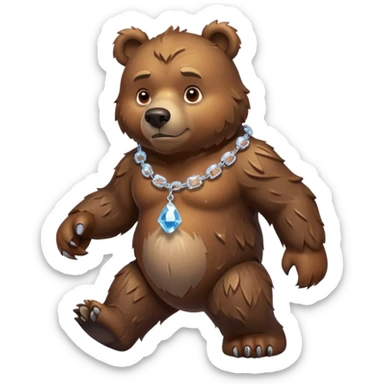 Fierce brown bear walking on four paws with an ice chain necklace, frozen chain links made of crystal clear ice, serious face sticker