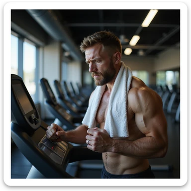 hyperrealistic 4K image of a muscular man in his 30s on treadmill, anxiously staring at heart rate monitor, face flushed, sweat dripping, gym towel soaked, hands trembling, clear signs of stress and panic, gym background sticker