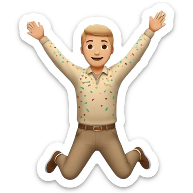 hombre sonriendo saltando con los brazos hacia arriba saltando, con fuegos artificiales, confites volando, sticker