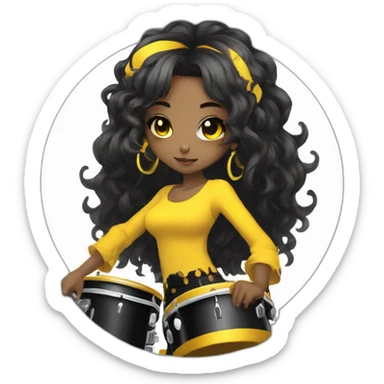 cute punk girl in yellow dress dark skin with yellow eyes and dark curvy hairs drummer anime style sticker