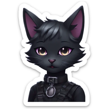 Gorgeous gothic dark techwear anime style anthro black cat furry with blushing face aesthetic and pretty edgy black with collar and harness trending style sticker