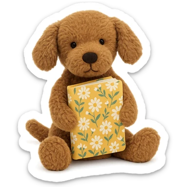 Jellycat style brown golden retriever puppy holding a yellow floral journal  sticker