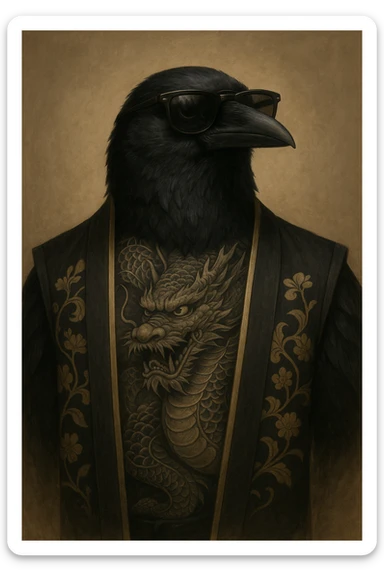 A crow with a dragon tattoo on its chest, wearing sunglasses and a traditional yakuza vest, exuding confidence. sticker