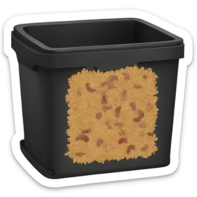 Black cubic plastic container with wood shavings and earthworms inside sticker