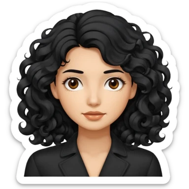 This avatar has shoulder-length black hair styled in large, wavy curls that frame the face, giving a soft and natural look. sticker