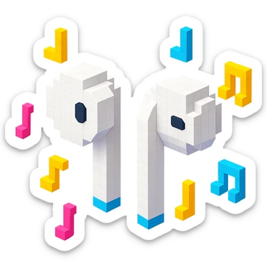 white EarPods headphones with a playful twist, floating in mid-air, surrounded by tiny music notes sticker