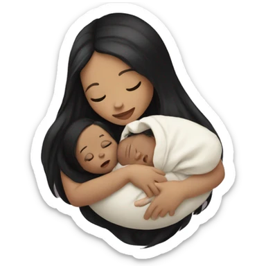 Pale girl with long black hair is holding a newborn baby sticker