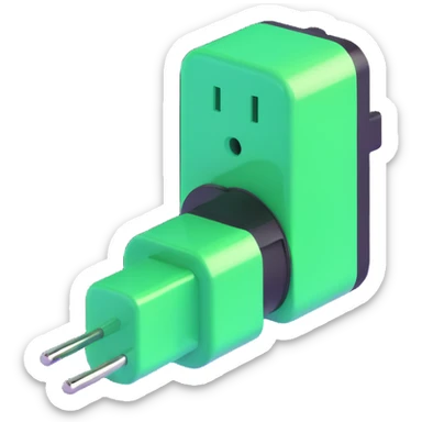 3D icon style, power plug with green light, 'always on' concept, shiny and dimensional sticker