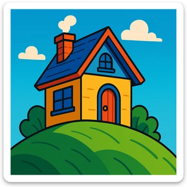 a house on a hill, cozy cartoon style, bright colors, simple shapes, clear sky background sticker