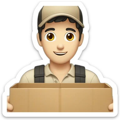 Pale skinned fit Man with black hair in a brown cap and beige polo T-shirt keeping a pasted box into his hands sticker